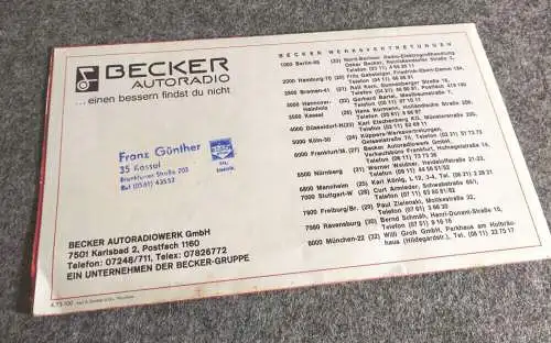 Becker Autoradio Werbekarte Deutschland Radio Modelle