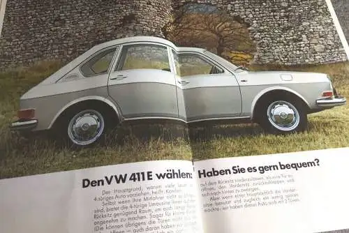 Der VW 411E originale Auto Reklame Broschüre mit Preisliste 1971