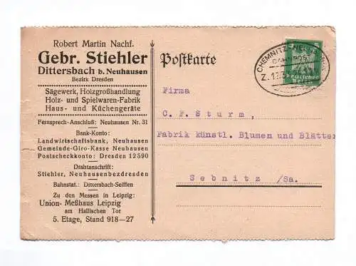 Postkarte Gebrüder Stiehler Dittersbach bei Neuhausen Sägewerk 1924