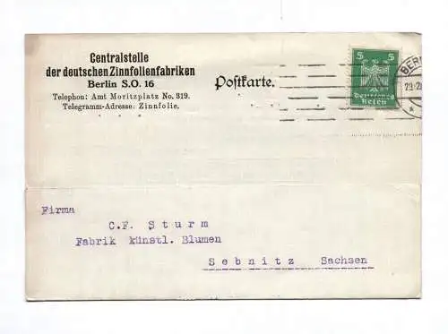 Postkarte Zentralstelle der deutschen Zinnfolienfabriken 1924