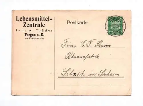 Postkarte Lebensmittel Zentrale A Träder Torgau 1926