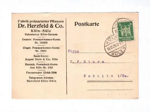 Postkarte Fabrik präparierter Pflanzen Dr Herzfeld & Co Köln Sülz 1926