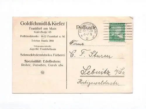 Postkarte Goldschmidt und Kiefer Frankfurt am Main Schmuckfedernfabrik 1925