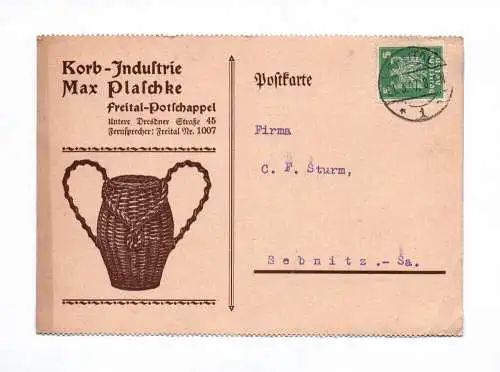 Postkarte Korb Industrie Max Plaschke Freital 1927