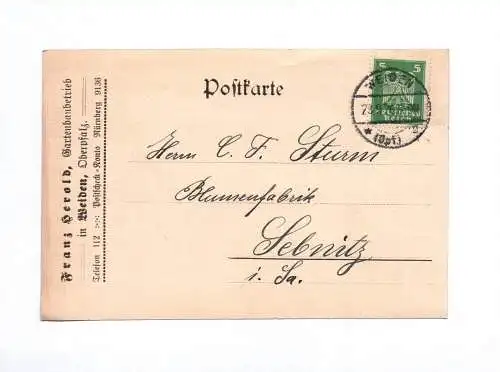 Postkarte Franz Herold Gartenbaubetrieb Weiden Oberpfalz 1926