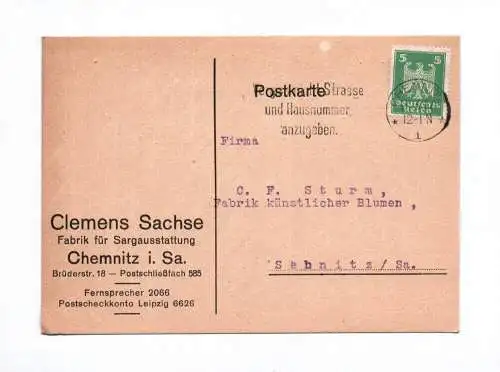 Postkarte Clemens Sachse Fabrik für Sargausstattung Chemnitz 1927