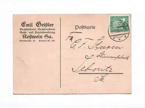 Postkarte Emil Geißler Buchbinderei Buchdruckerei Roßwein 1925