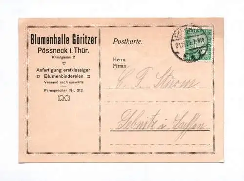 Postkarte Blumenhalle Göritzer Pössneck Thüringen Blumenbindereien 1925