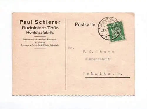 Postkarte Paul Schierer Rudolstadt Thüringen Hohlglasfabrik 1927