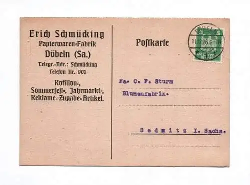 Postkarte Erich Schmücking Papierwaren Fabrik Döbeln Sachsen 1926