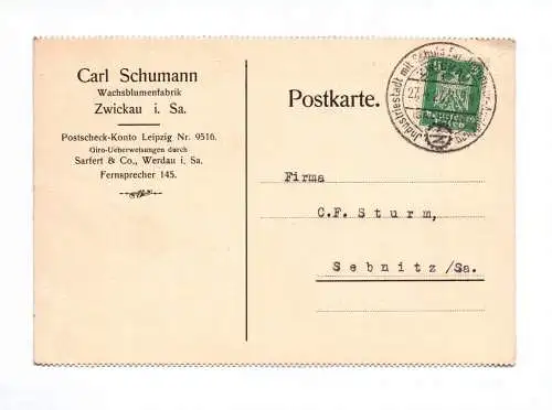 Postkarte Carl Schuhmann Wachsblumenfabrik Zwickau 1927
