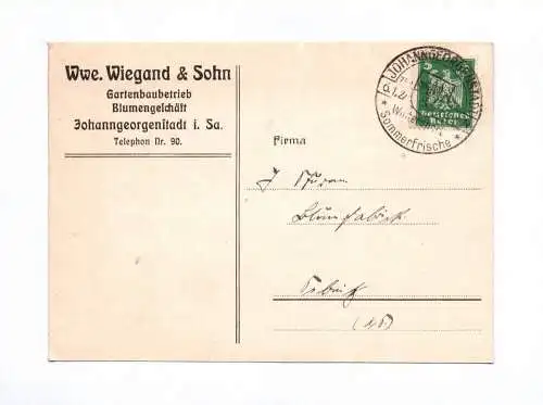 Postkarte Wiegand Sohn Gartenbaubetrieb Johanngeorgenstadt 1927