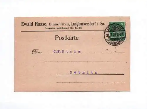 Postkarte Ewald Haase Blumenfabrik Langburkersdorf 1925