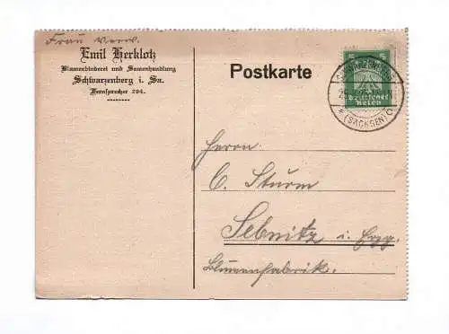 Postkarte Emil Herklok Blumenbinderei Schwarzenberg 1925