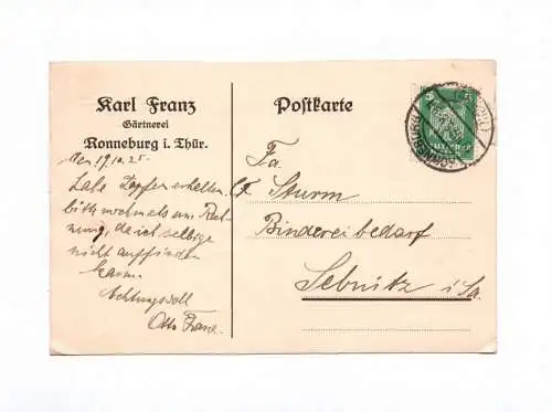 Postkarte Karl Franz Gärtnerei Ronneburg Thüringen 1925