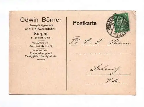 Postkarte Odwin Börner Dampfsägewerk Sorgau 1926