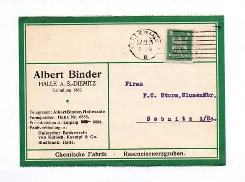Postkarte Albert Binder Halle Diemitz Chemische Fabrik 1925