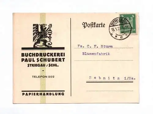 Postkarte Buchdruckerei Paul Schubert Striegau Papierhandlung 1927