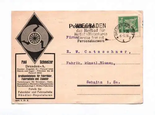 Postkarte Paul Schmelzer Dresden Großhandelshaus Fahrräder 1926