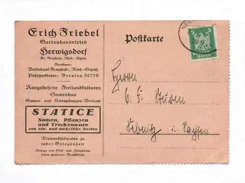 Postkarte Erich Friedel Gartenbaubetrieb Herwigsdorf 1925