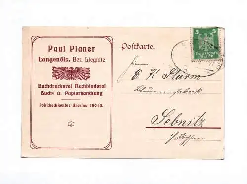 Postkarte Paul Planer Langenöls Bezirk Liegnitz Buchdruckerei 1927