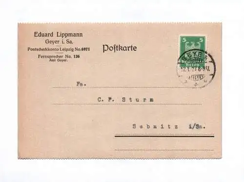 Postkarte Eduard Lippmann Geyer in Sachsen 1927
