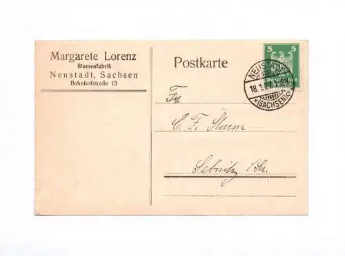 Postkarte Margarete Lorenz Blumenfabrik Neustadt Sachsen 1927