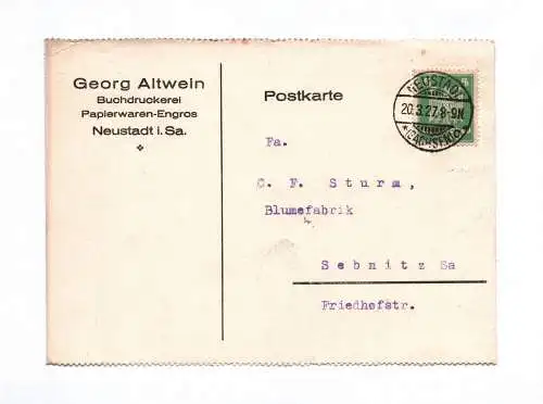 Postkarte Georg Altwein Buchdruckerei Papierwaren Engros Neustadt 1927