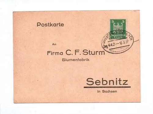 Postkarte Firma CF Sturm Sebnitz 1927 Blumenfabrik