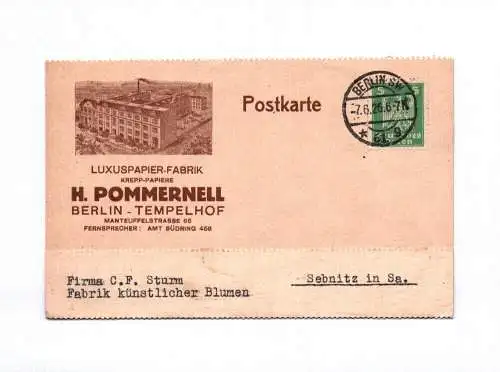 Postkarte Luxuspapier Fabrik H Pommernell Berlin Tempelhof 1926