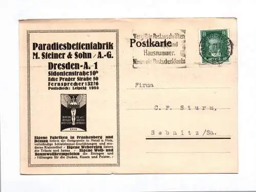 Postkarte Paradiesbettenfabrik M Steiner Sohn AG Dresden 1927
