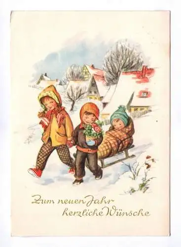 Künstler Ak Zum neuen Jahr herzliche Wünsche 1960 Kinder mit Schlitten im Winter