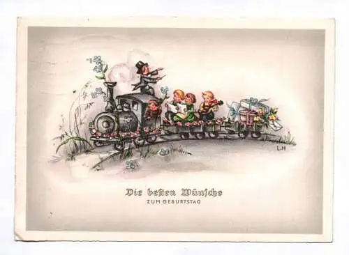 Künstler Ak Die besten Wünsche zum Geburtstag 1955 Kinder mit Eisenbahn