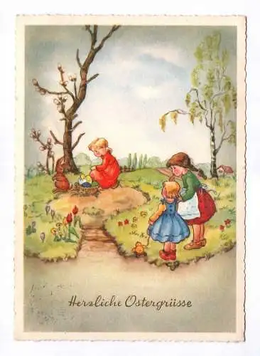 Künstler Ak Herzliche Ostergrüsse 1959 Kinder beim Ostereier suchen