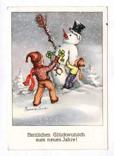 Künstler Ak Herzlichen Glückwunsch zum neuen Jahre 1953 Kinder mit Schneemann