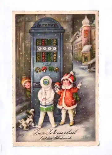 Ak Zum Jahreswechsel herzlichen Glückwunsch 1938 Kinder Hund Spielautomat