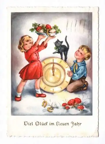 Künstler Ak Viel Glück im Neuen Jahr 1955 Kinder mit Uhr und Katze