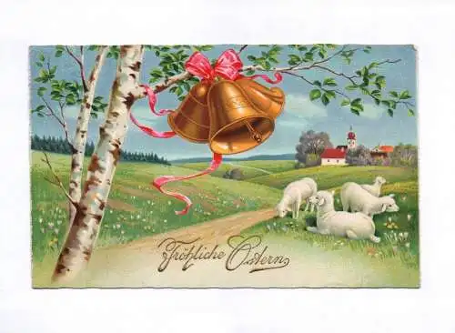 Künstler Ak Baum mit Glocken und Schafen 1950 Fröhliche Ostern
