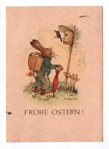 Künstler Ak Frohe Ostern 1950 Osterhase am Vogelhaus Marianne Drechsel