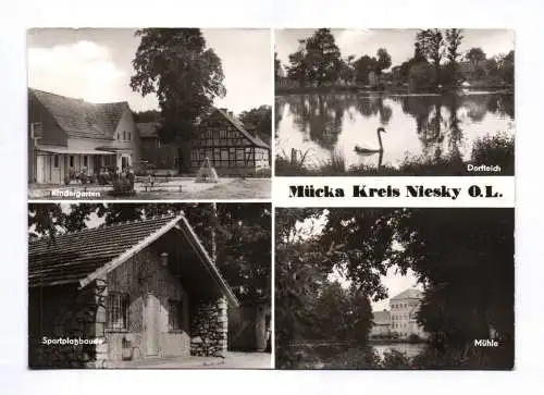 Ak Mücka Kreis Niesky OL Kindergarten Sportplatzbaude Dorfteich Mühle 1982