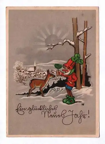 Künstler Ak Ein glückliches neues Jahr Wichtel mit Reh im Schnee 1949