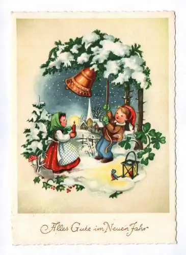 Künstler Ak Alles Gute im neuen Jahr Kinder mit Glocke im Schnee 1956