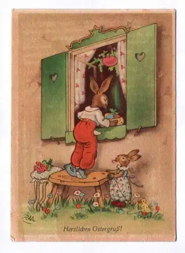 Künstler Ak Herzlichen Ostergruß vermenschlichte Hasen Kinder 1950