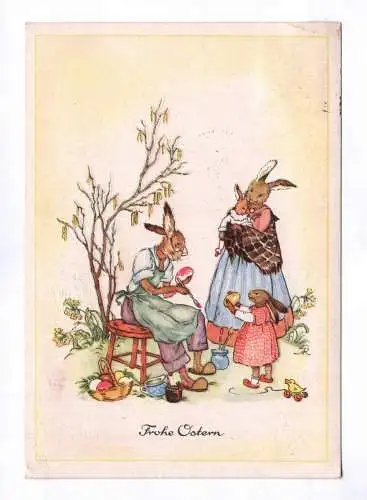 Künstler Ak Frohe Ostern vermenschlichte Hasen Familie 1951