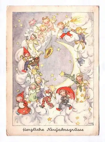 Künstler Ak Herzliche Neujahresgrüße 1940 Engel Kinder am Mond Wolken