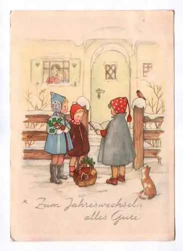Künstler Ak Zum Jahreswechsel alles Gute 1952 singende Kinder mit Katze