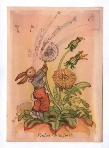 Künstler Ak Frohes Osterfest vermenschlichter Hase pustet Pusteblume 1951