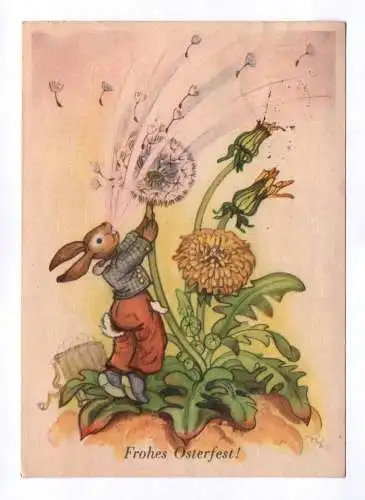 Künstler Ak Hase vermenschlicht pustet Blume an 1950 Frohes Osterfest RAA