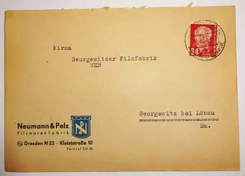 Werbe Brief 1951 Neumann & Pelz Filzwarenfabrik Dresden N23 ! (B1