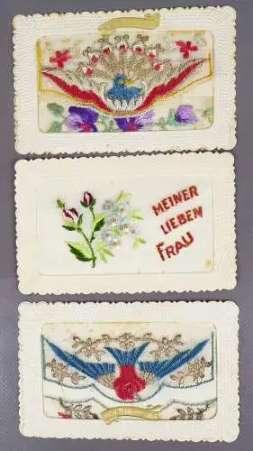 Alte Glückwunschkarten 3 Stück bestickt handmade 1941 Frankreich WW2